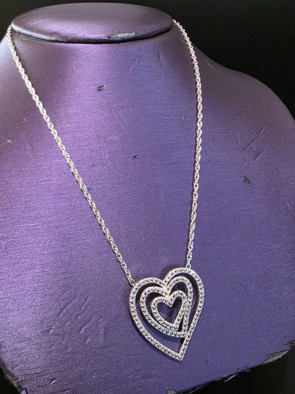 Vintage CNA 925 Sterling Silver Triple Heart Marcasite Pendant 17" Rope Chain